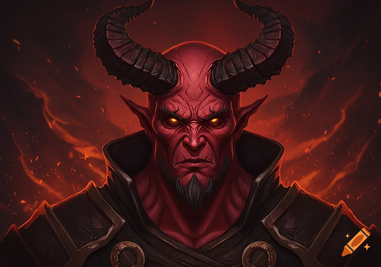 Close-up portrait of a red devil with large horns and glowing golden eyes against a fiery background.