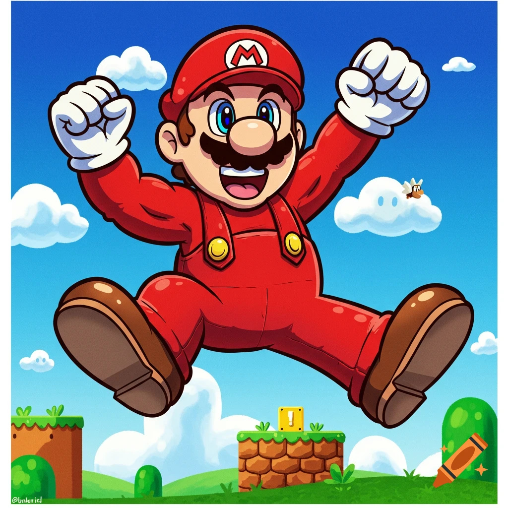 Cartoon of Mario jumping in a Super Mario Bros. landscape with clouds and blocks.