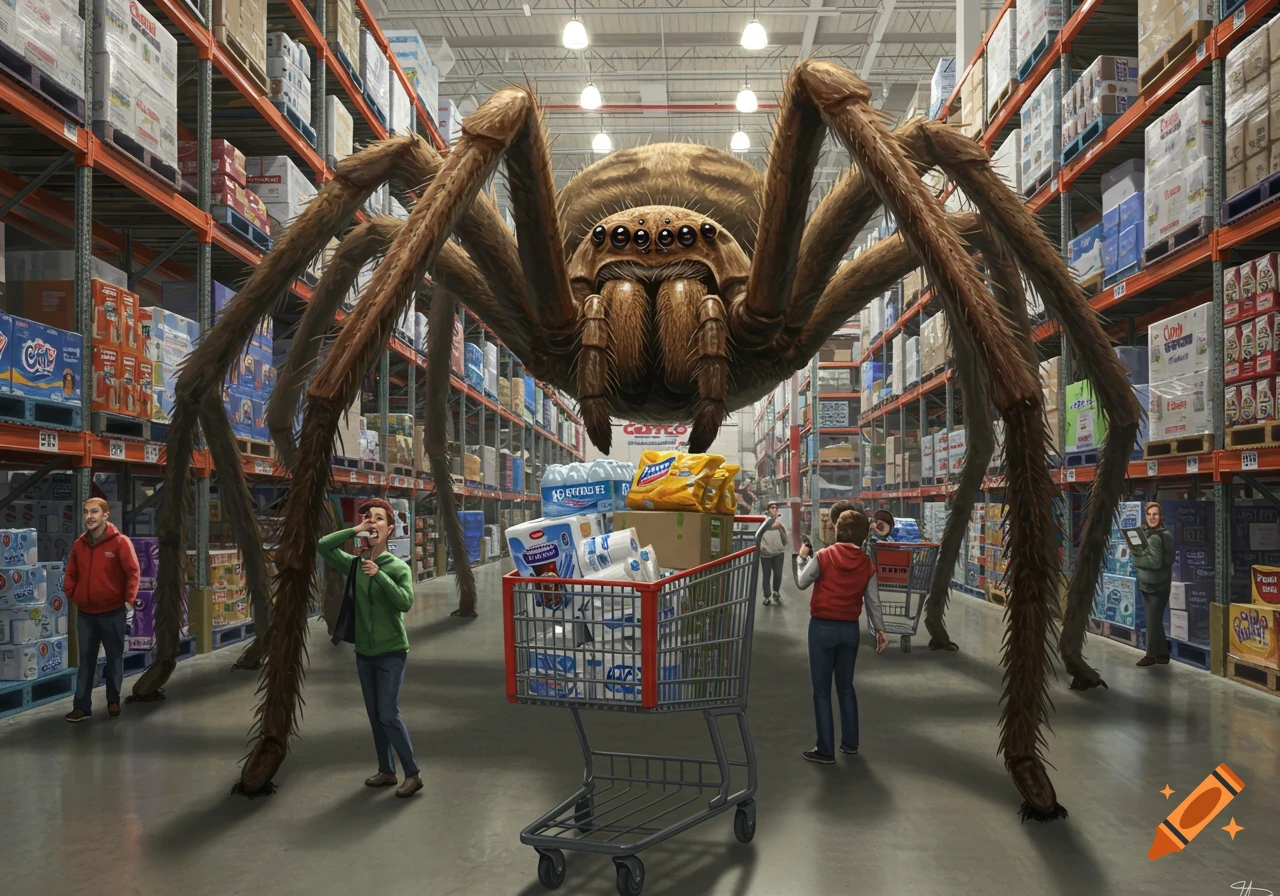 A gigantic spider stands in a Costco store, terrifying shoppers pushing carts.