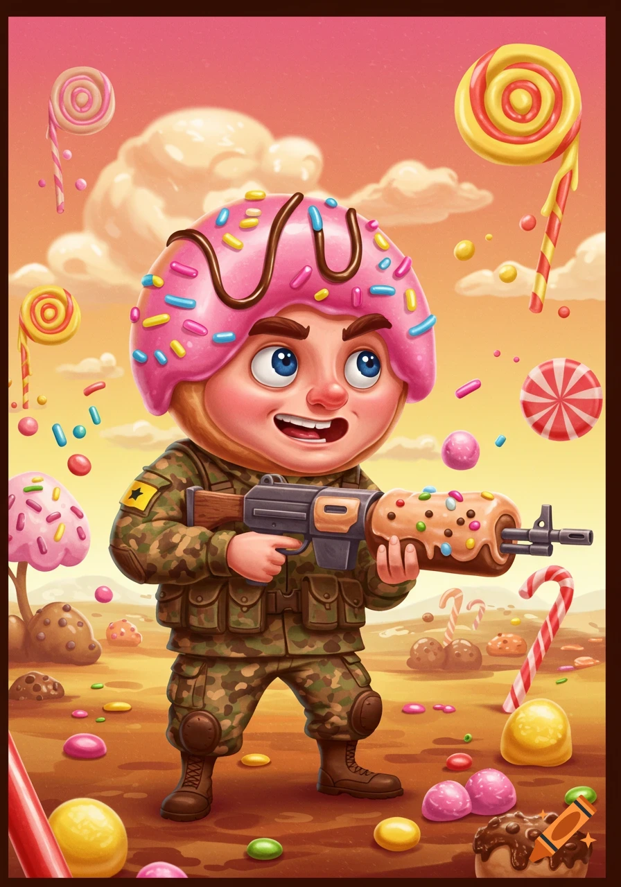 Cartoon soldier with donut helmet holding a candy rifle in a candy land setting.