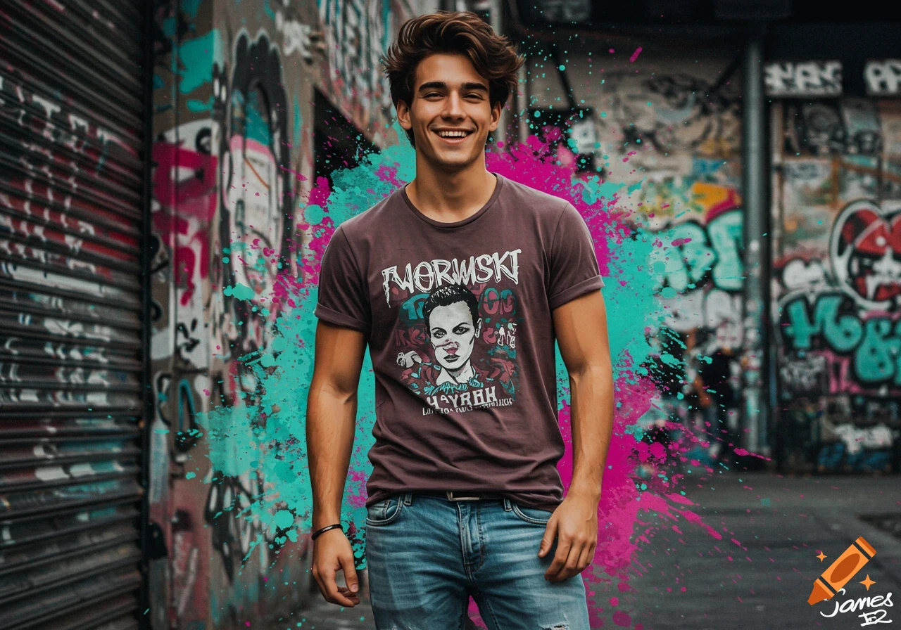 A smiling man stands in front of graffiti wearing a brown t-shirt and jeans.