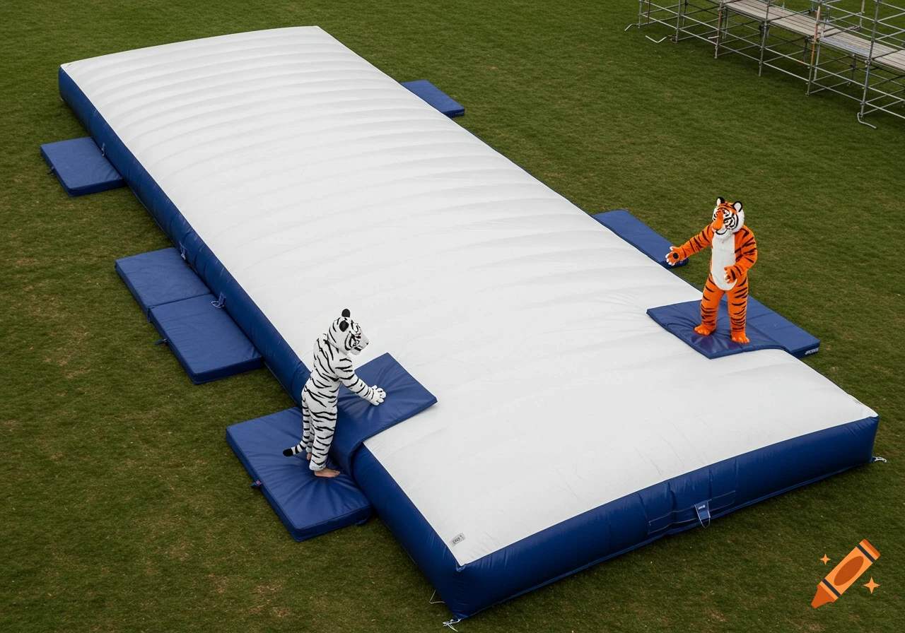 Two people in orange and white tiger costumes on a large inflatable stunt airbag with blue pads on grass.