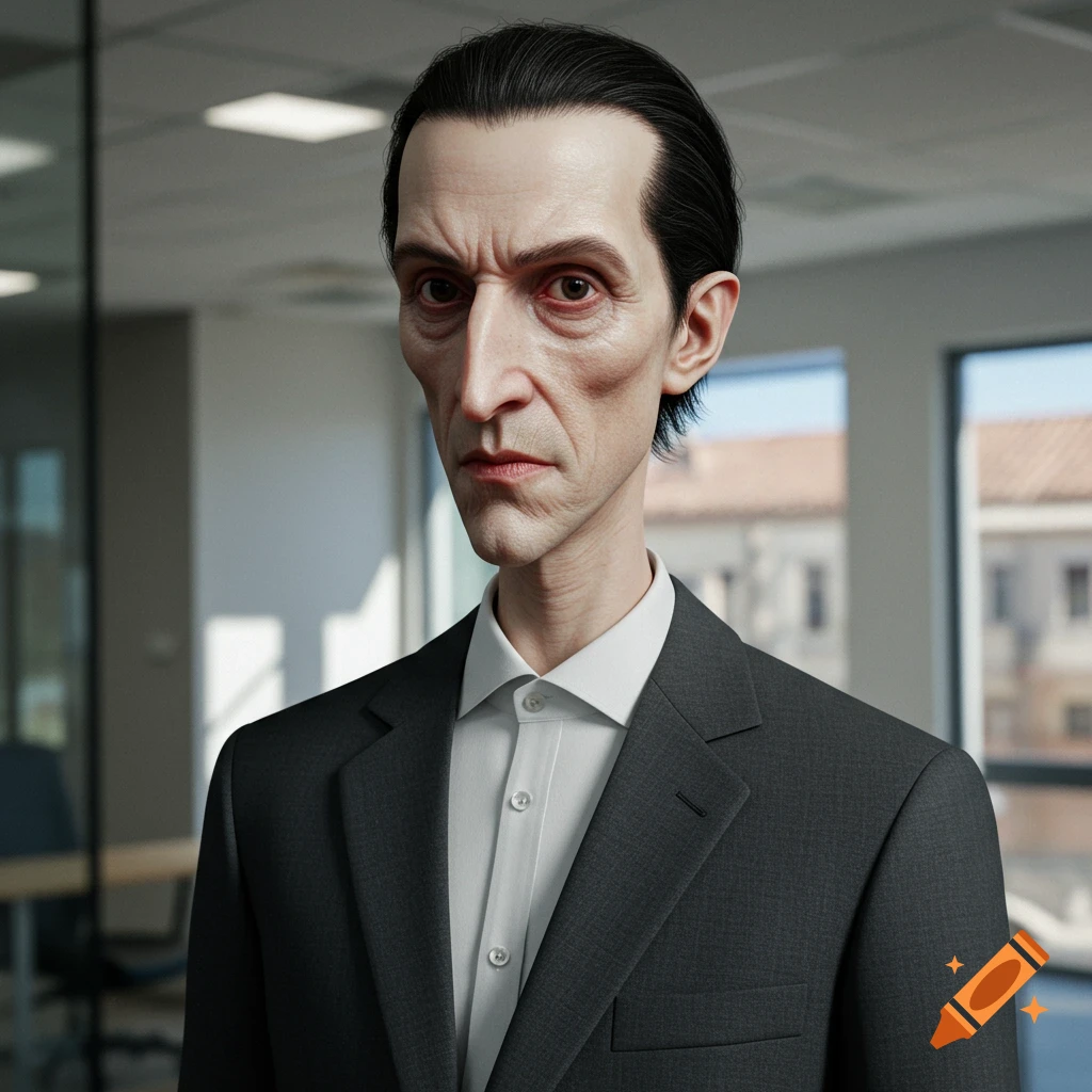 Portrait of a man with elongated features in a suit, in an office, in the style of El Greco.