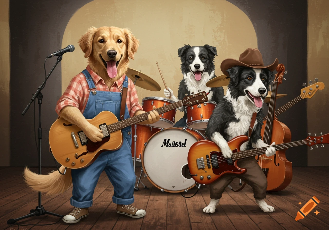 A band of dogs, including a golden retriever and two border collies, play guitar, drums, and bass on a stage.