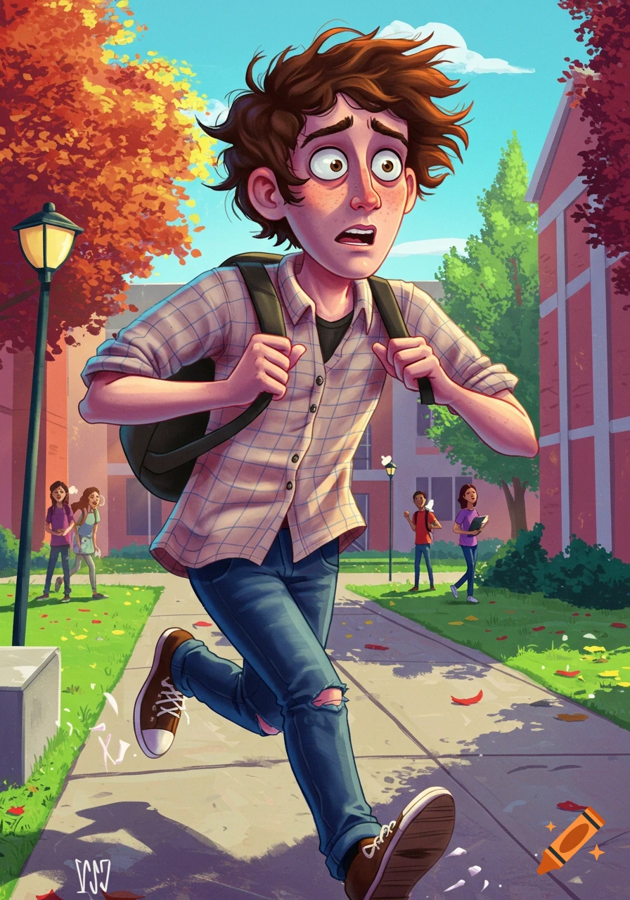 Cartoon of a stressed student with a backpack running through a school campus
