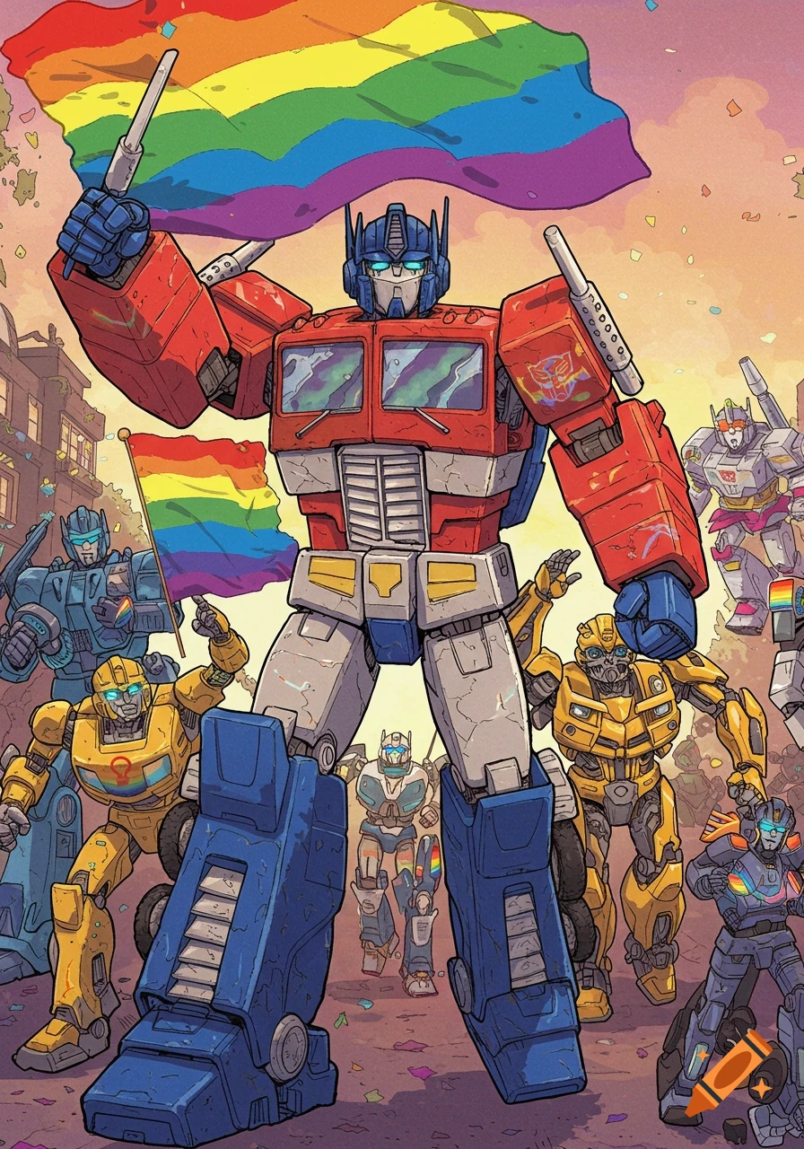 Optimus Prime and other Transformers in a pride parade holding rainbow flags, comic art style.