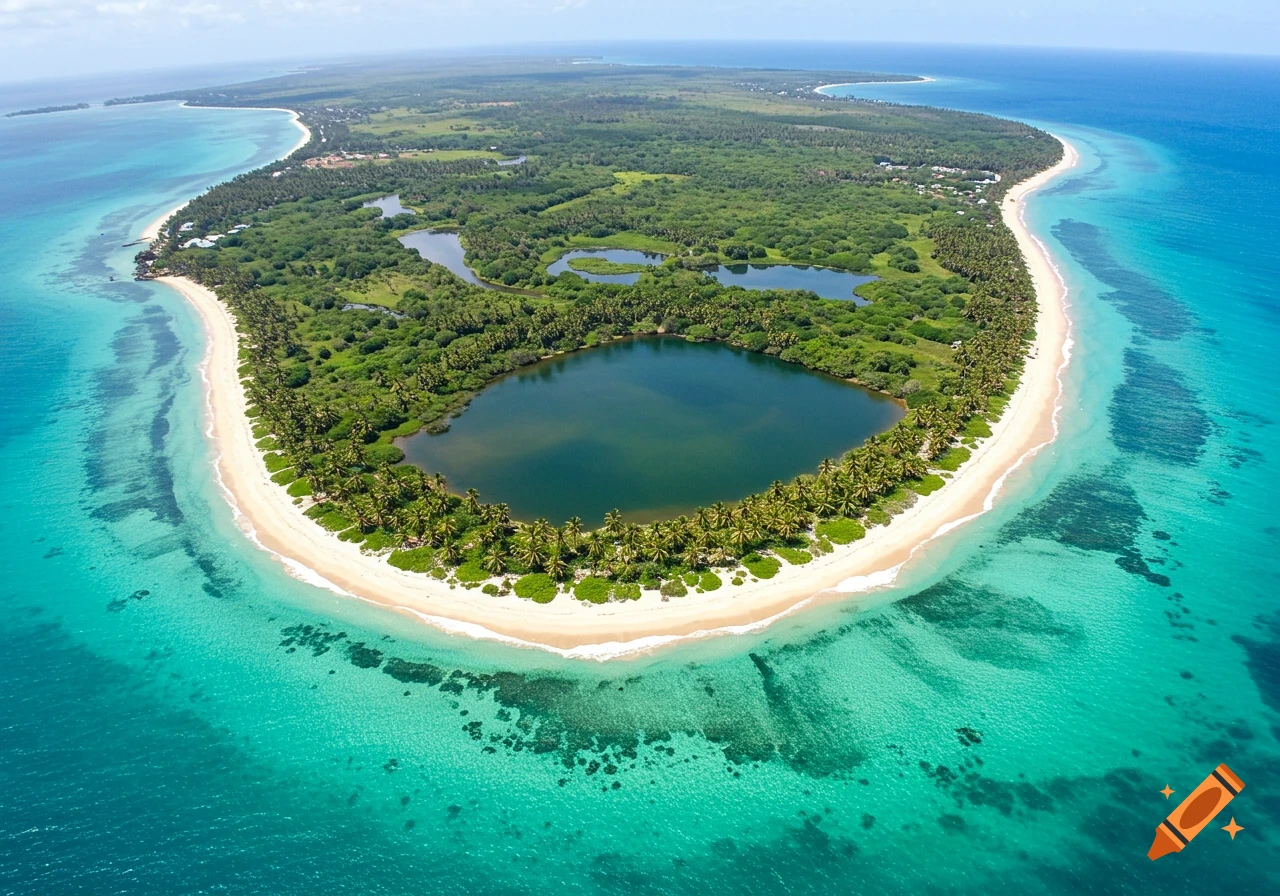 Aerial view of a tropical island with a central lake surrounded by lush green trees, white sand beach, and turquoise ocean water.