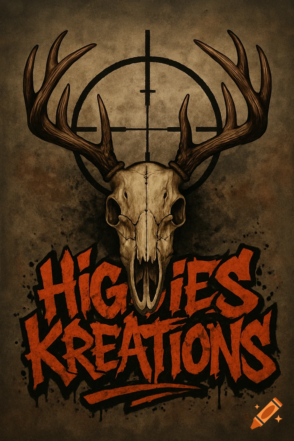 Deer skull with antlers and crosshairs above graffiti text reading 'HIGGIES KREATIONS'.