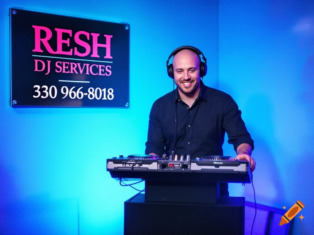 Man with headphones DJing behind a mixer on a stage with a sign.