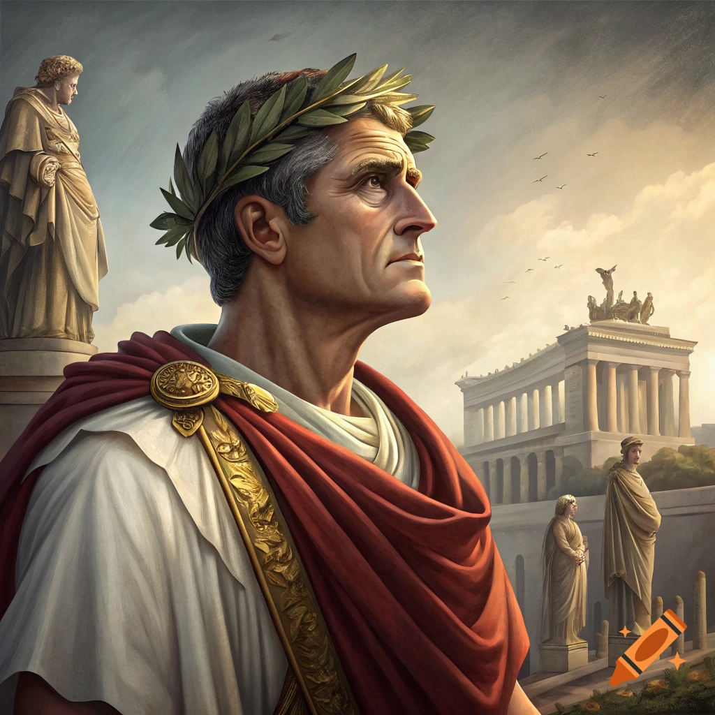 Portrait of a man in Roman toga and laurel wreath looking right, with Roman architecture and statues in the background.