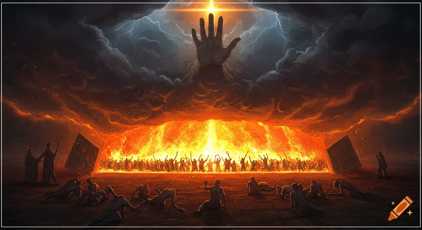 Giant hand in stormy sky over fiery chasm filled with figures, others kneel below. Dark fantasy art.