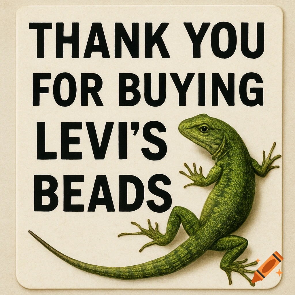 Sign with text 'THANK YOU FOR BUYING LEVI'S BEADS' and a green lizard.