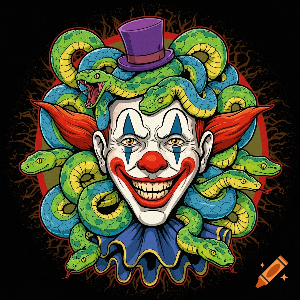 Stylized illustration of a grinning clown head with green and blue snakes instead of hair, wearing a purple top hat.
