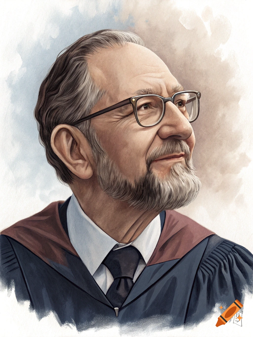 Watercolor portrait of a man with glasses and a beard, wearing academic robes.