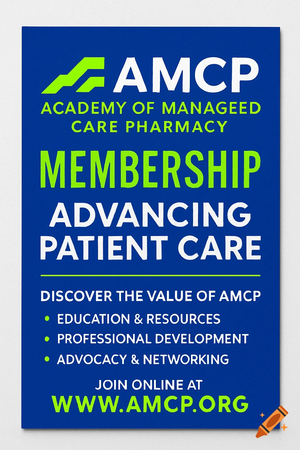 A blue flyer with white and neon green text for AMCP Academy of Managed Care Pharmacy membership.