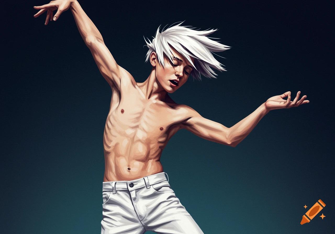 Stylized digital art of a shirtless person with white hair dancing