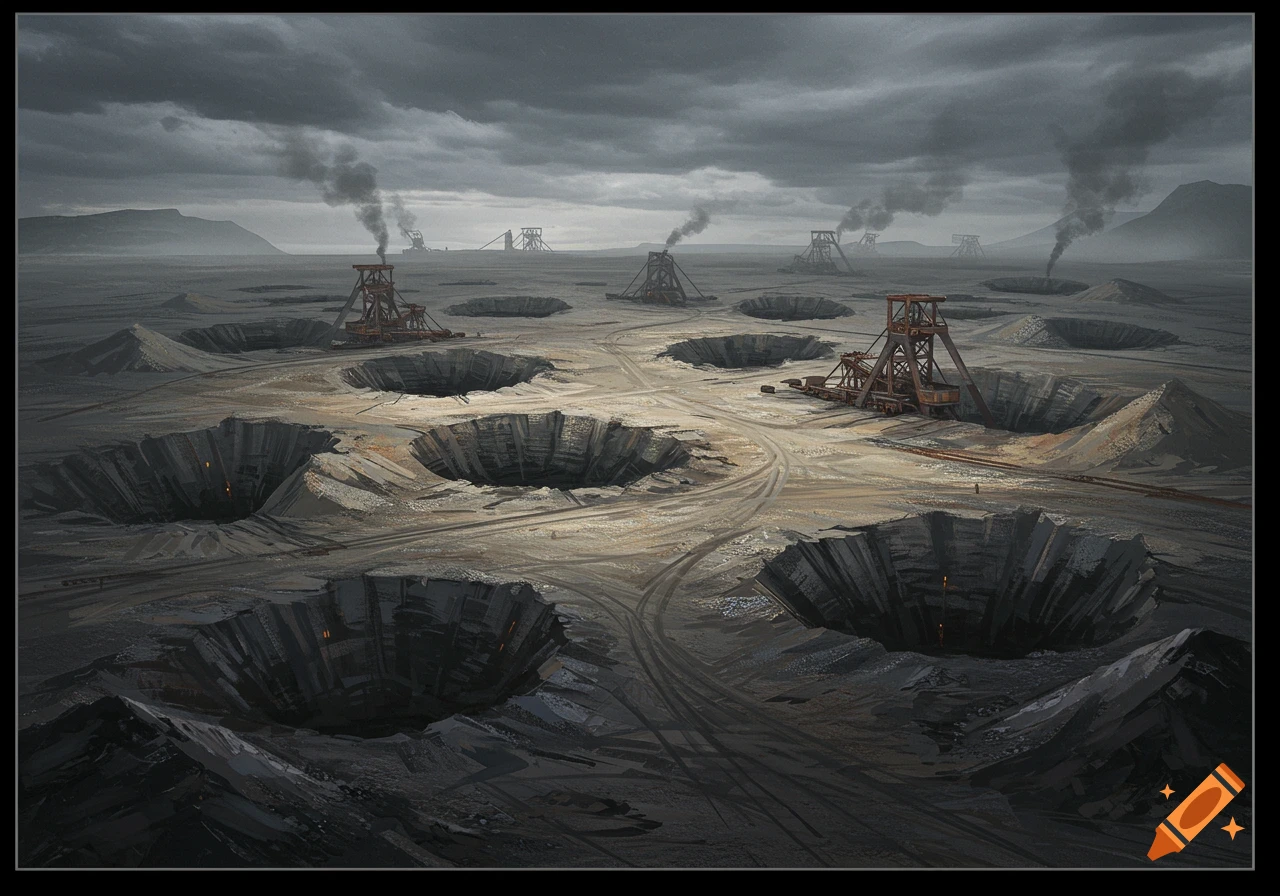 A dark, cloudy landscape with multiple open mining pits and smoking industrial towers.