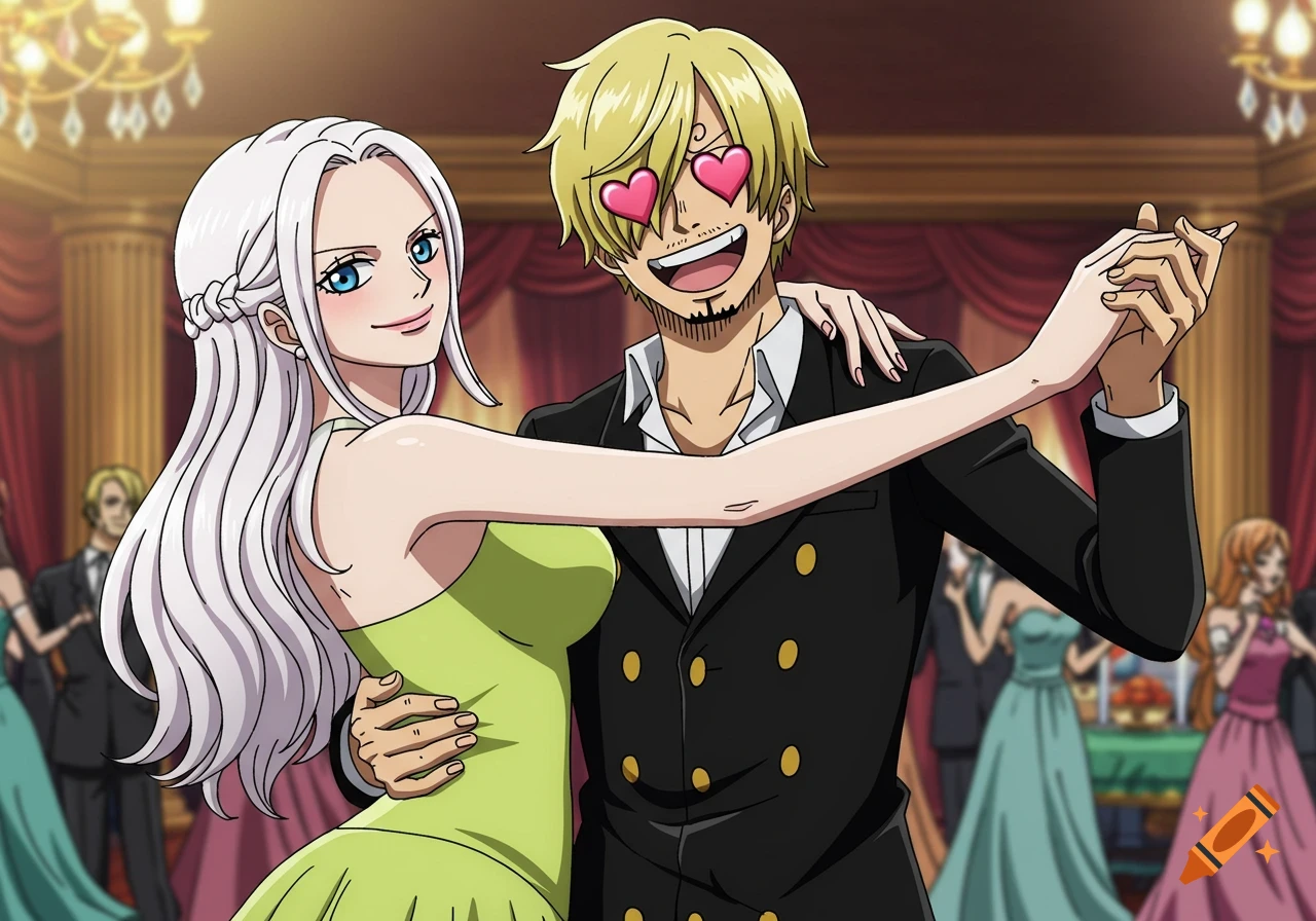 Anime characters dancing in a ballroom, woman with white hair and man with heart eyes.