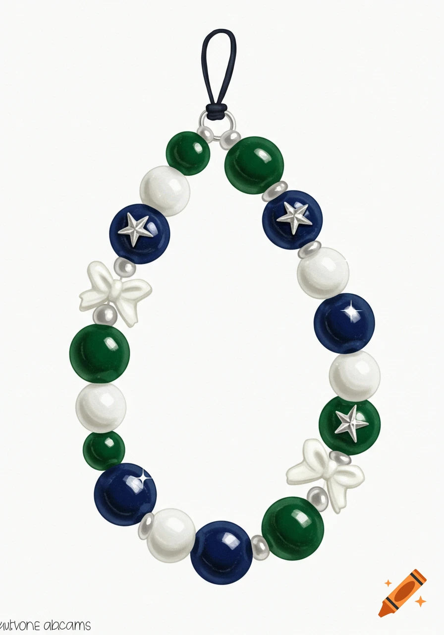 Illustration of a phone charm with green, white, and navy beads, silver stars, and white bows.