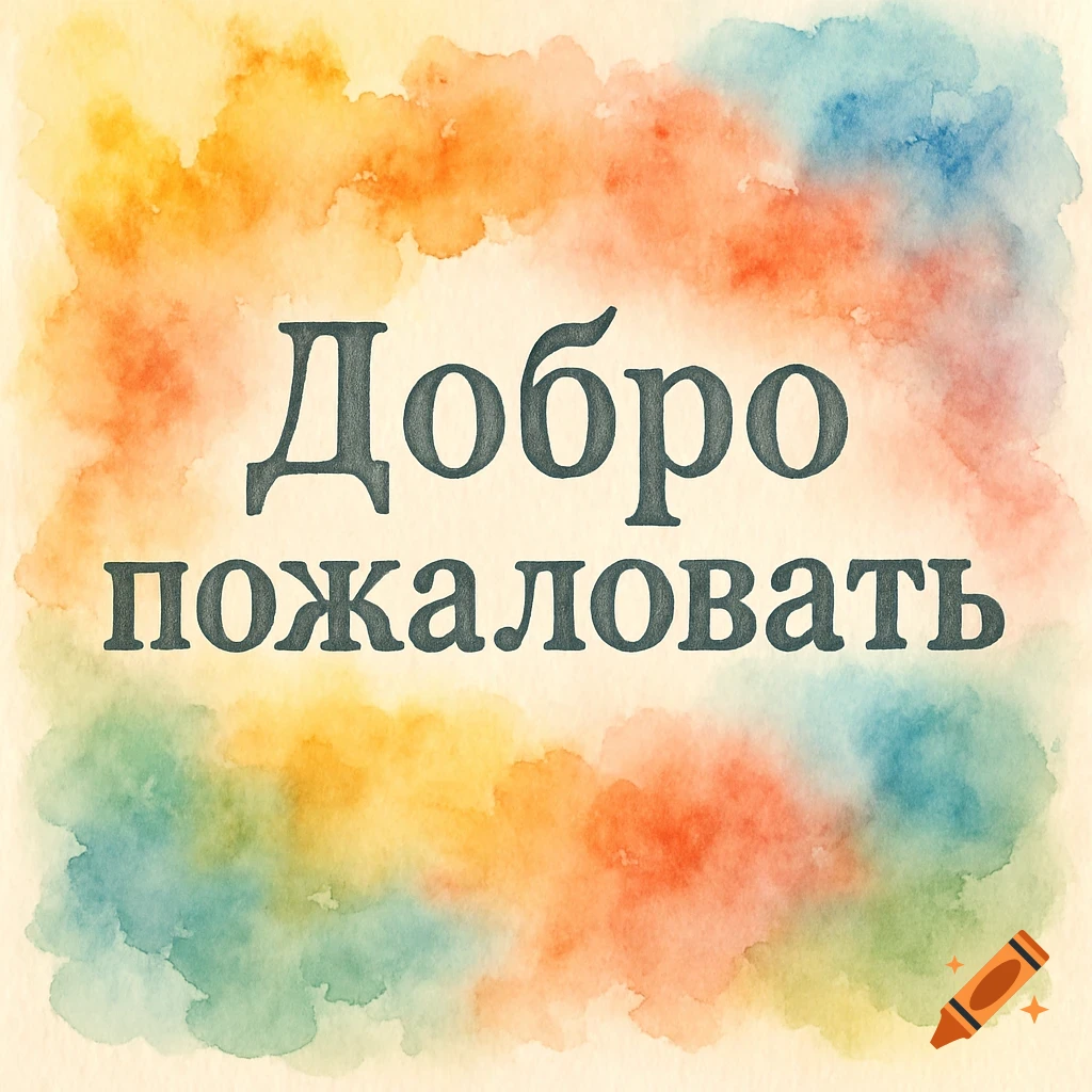 Cyrillic text 'Welcome' over a colorful watercolor background.