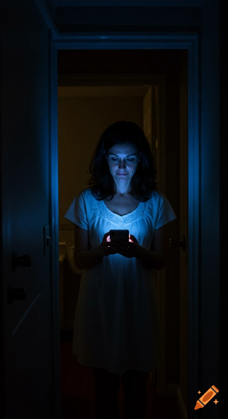 Woman in a dark doorway uses her phone, its light illuminating her face.
