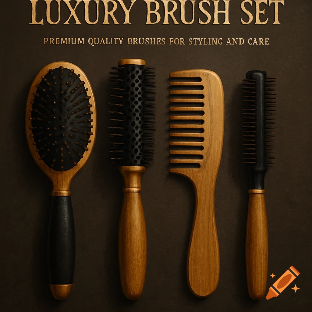 Four hair brushes and combs, one oval brush, one round brush, one comb, and one thin brush, laying flat.