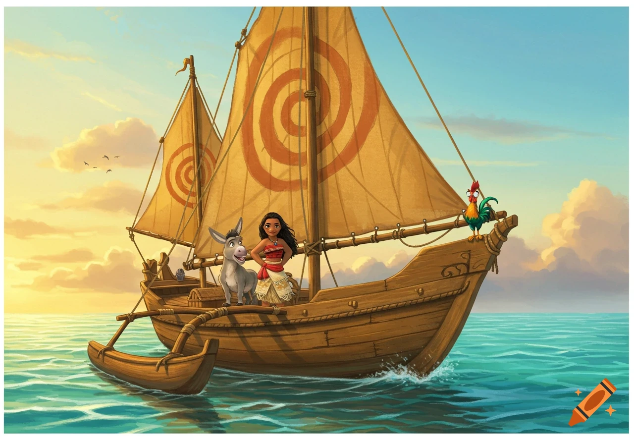 Moana, Donkey, and Heihei sail on a boat at sea during sunset in animated style.