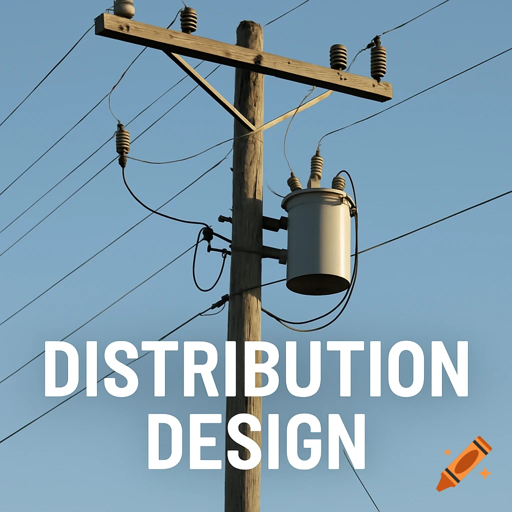 Close-up of a power pole with a transformer against a blue sky with the text 'Distribution Design'.