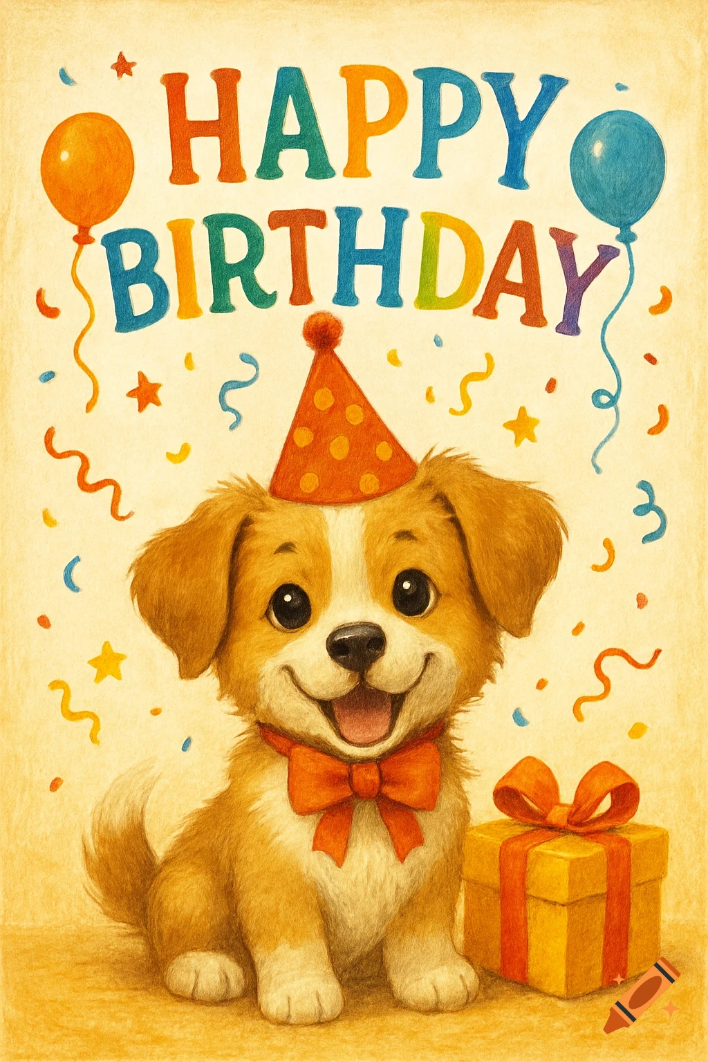 Cute puppy in party hat and bow tie on a birthday card with balloons, confetti, and 'HAPPY BIRTHDAY' text. Illustration.