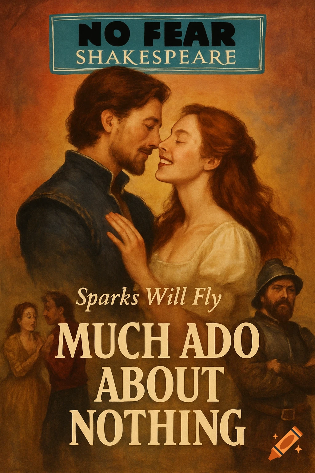 Movie poster with a couple embracing, other figures, and text.