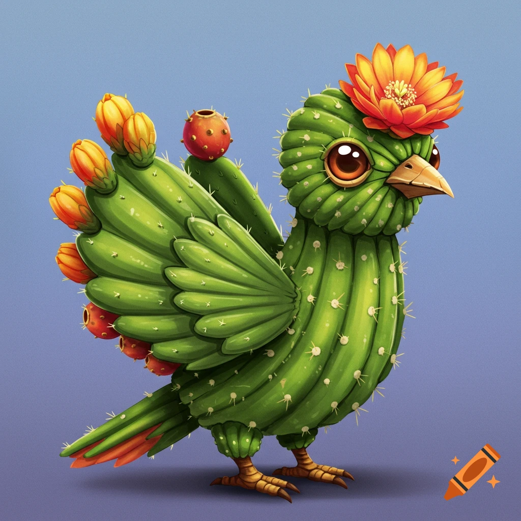 Stylized illustration of a fantasy bird creature made from a green cactus with orange flowers and red fruits.
