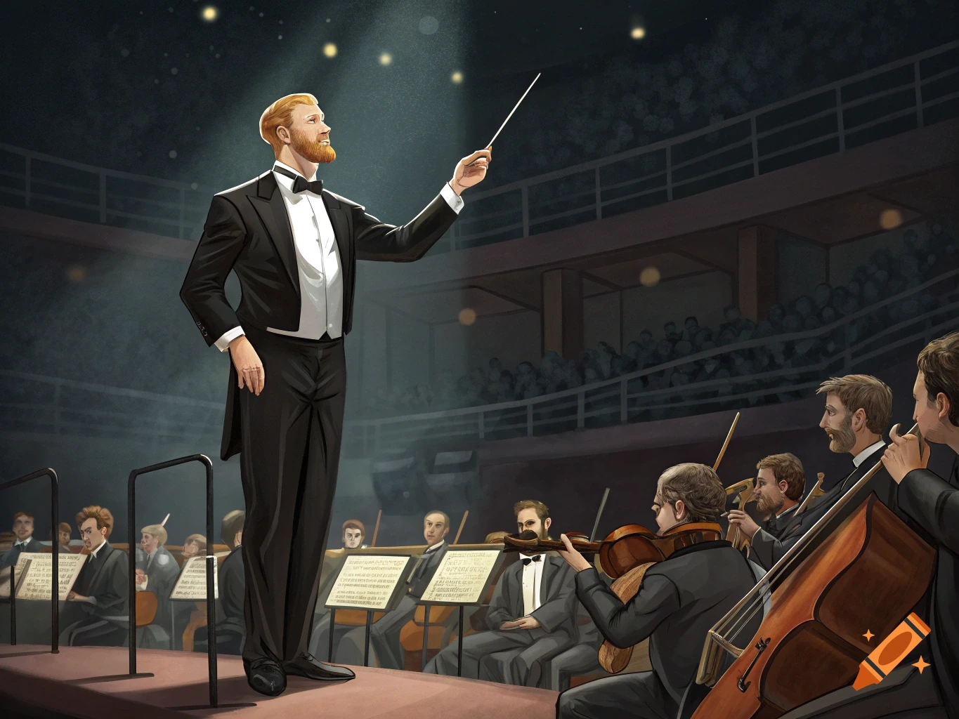 Illustration of a conductor leading an orchestra in a concert hall.