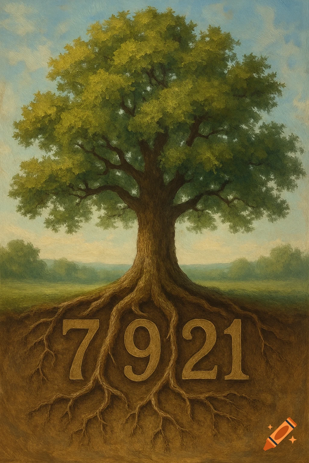 An oak tree with visible roots underground, shaped to form the numbers 7921, in a painted style.