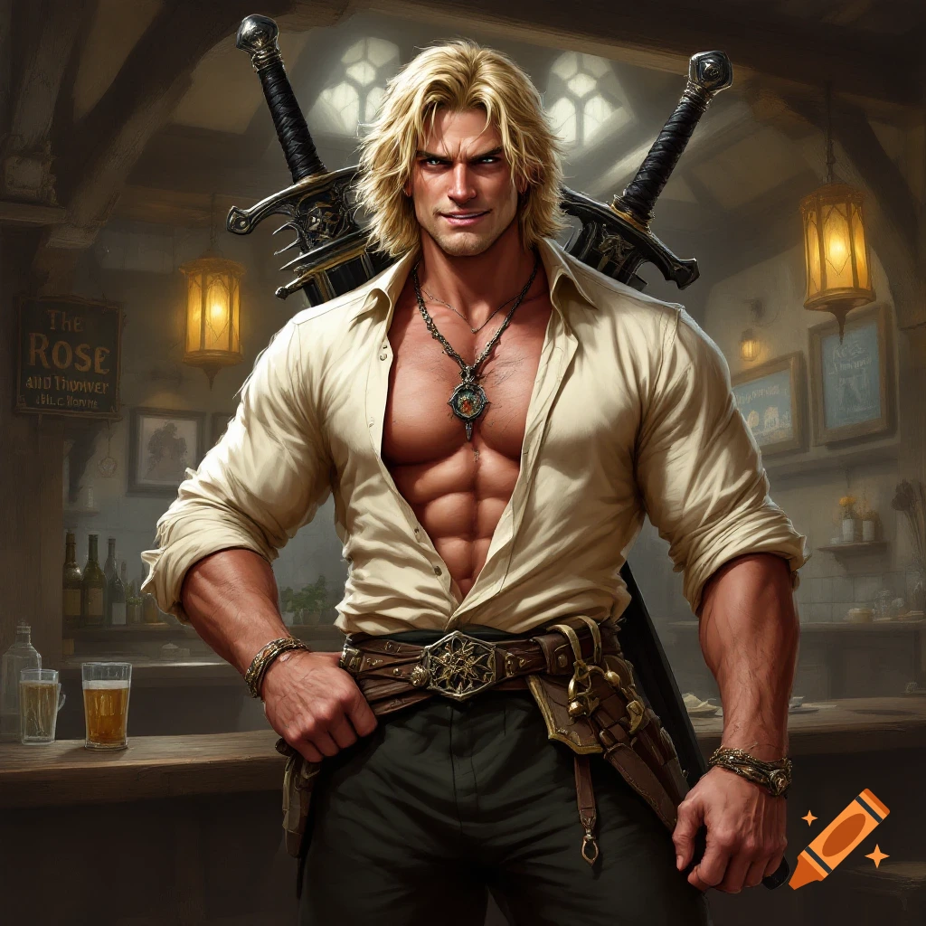 A muscular blonde swordsman in an open shirt stands in a medieval tavern with swords on his back and hip.