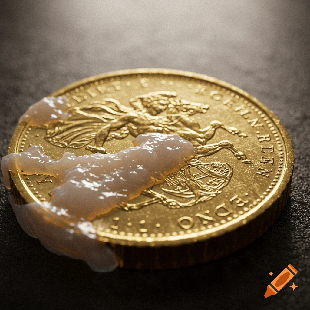 Close-up of a gold coin with a viscous substance on it.