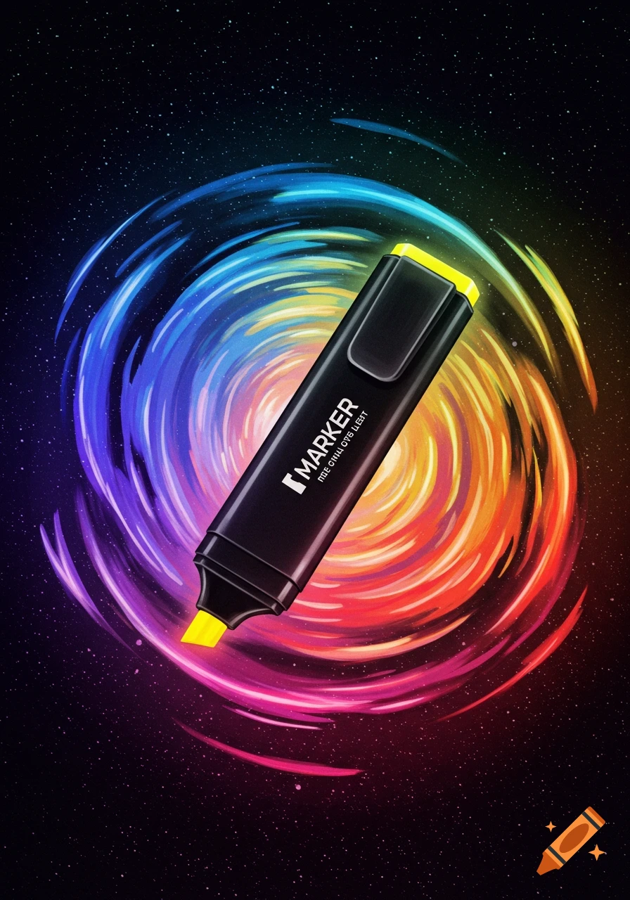 A marker with a rainbow color swirl in a starry background.