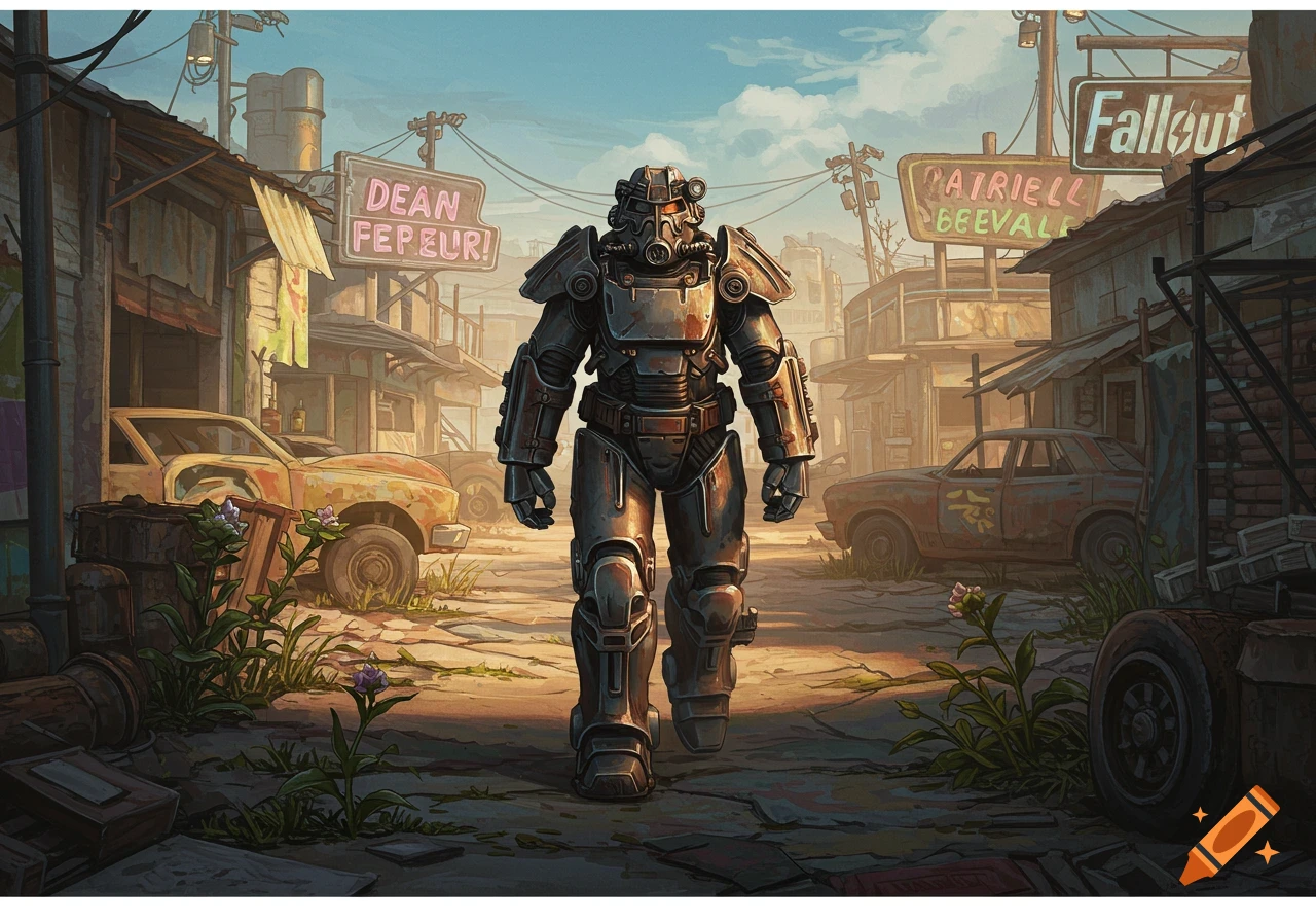 A character in power armor walks through a post-apocalyptic town in an illustration.