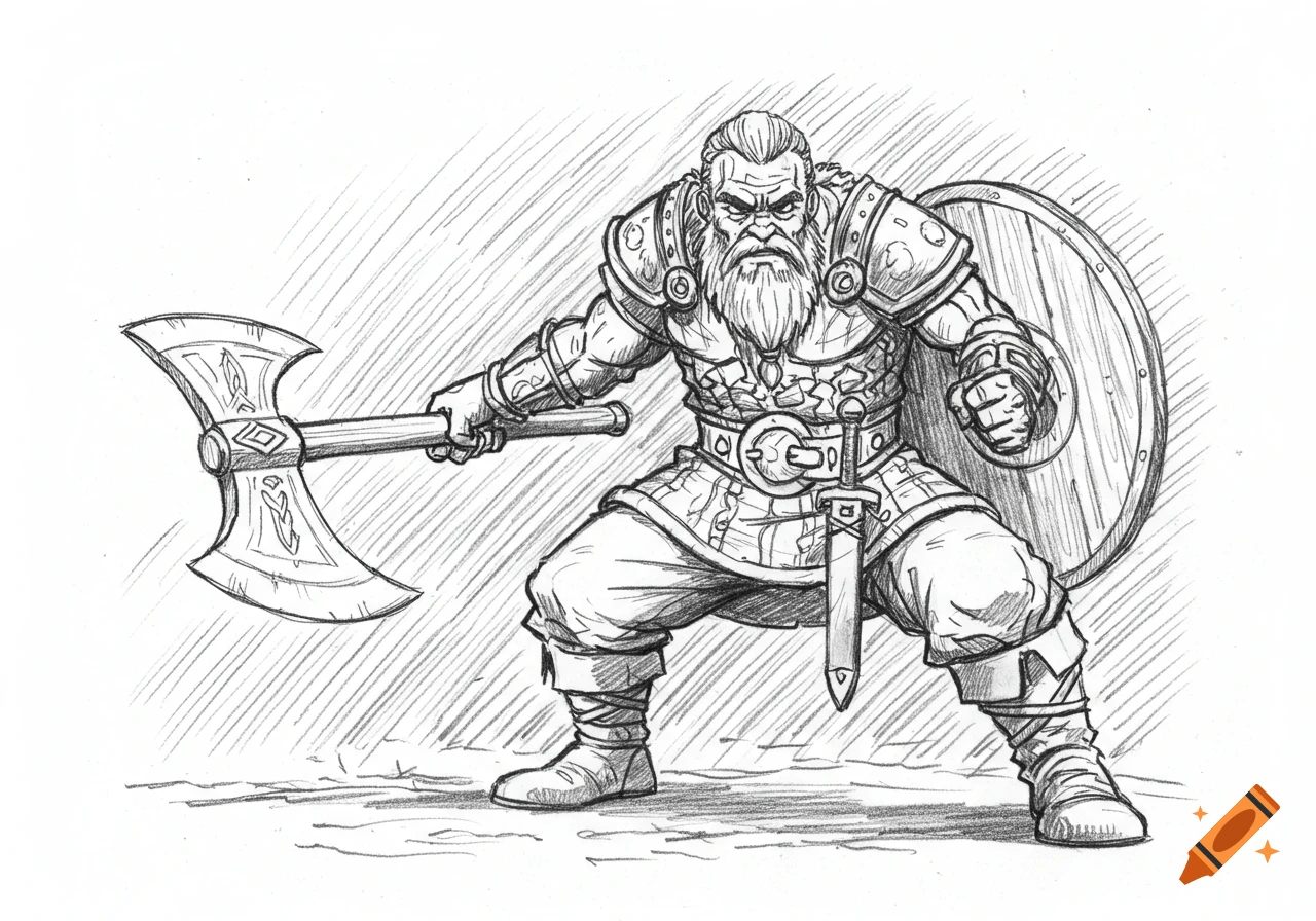 A stylized black and white pencil sketch of a squatting viking warrior holding a large axe and shield.