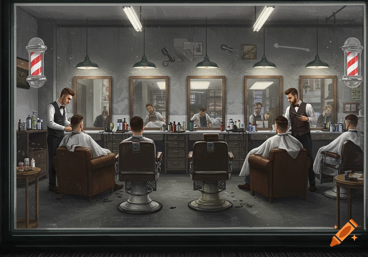 View of a barbershop interior with barbers cutting hair and customers in chairs, seen through a window.