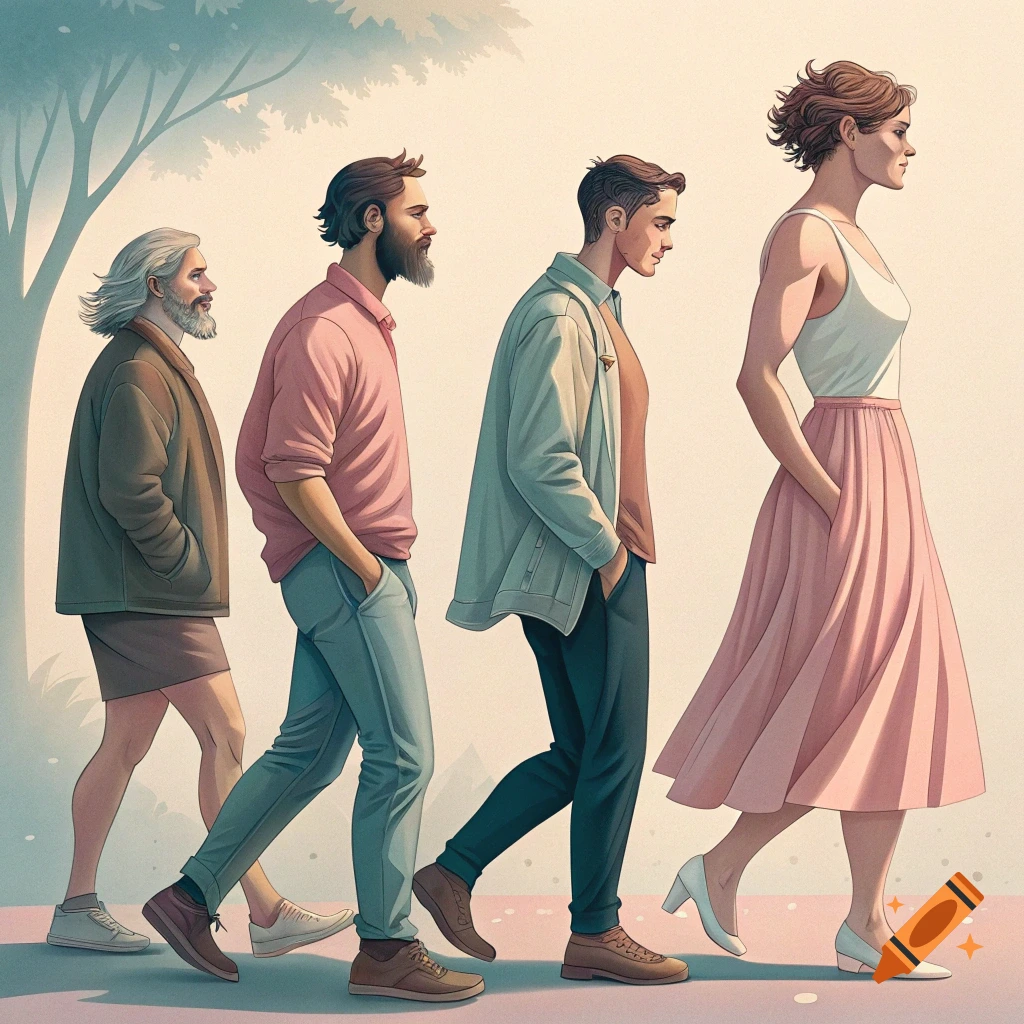 Illustration of four figures walking in a line, from male to female, outdoors.