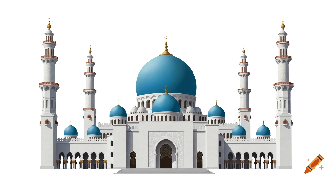 White mosque with blue domes and minarets on a white background.