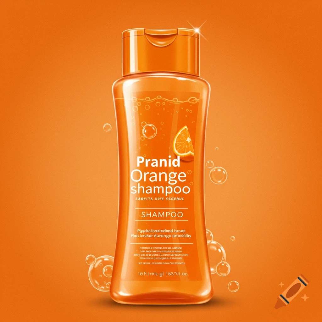 Orange shampoo bottle with bubbles