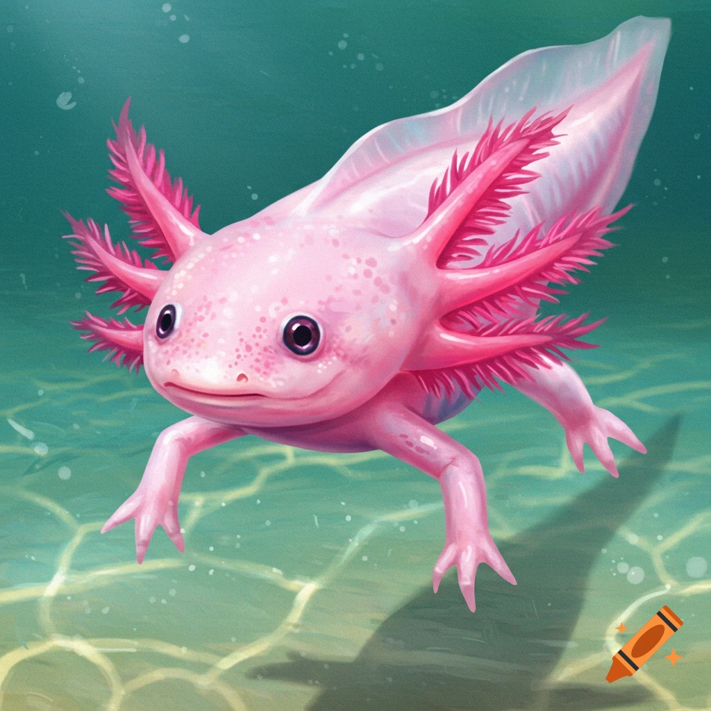 Pink axolotl swimming underwater in an oil painting style.