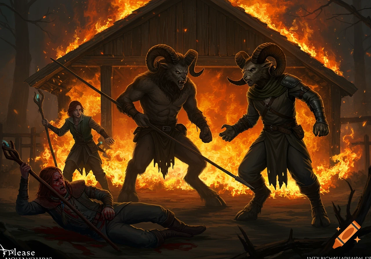 Fantasy illustration of ram-like lycanthropes attacking human adventurers before a burning building.