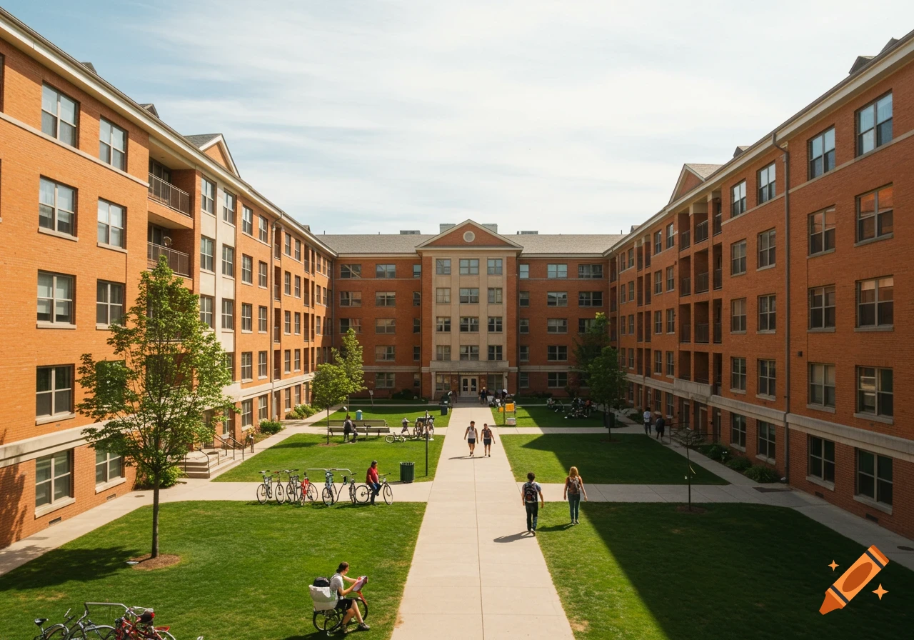 University campus courtyard with brick buildings, grass, trees, people walking and sitting, and bikes.