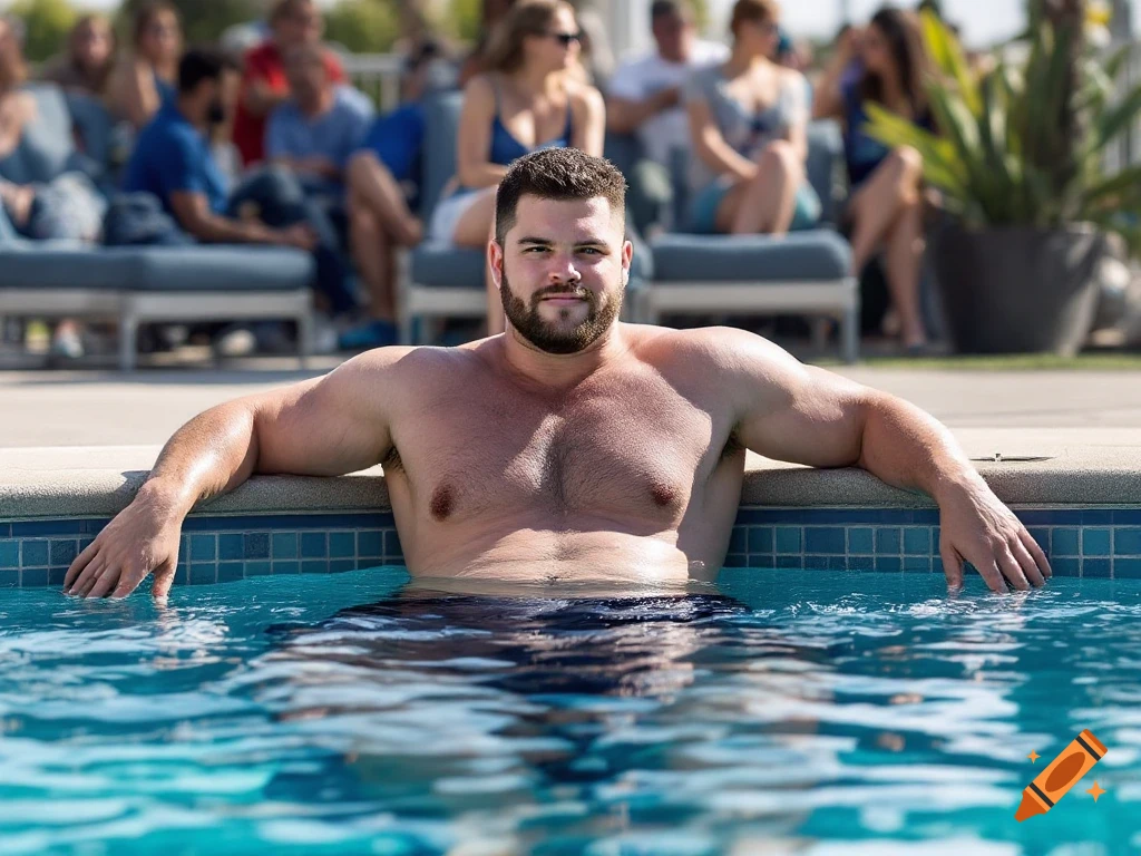 A muscular man smiles while relaxing in a swimming pool on a sunny day, leaning on the edge with his arms.