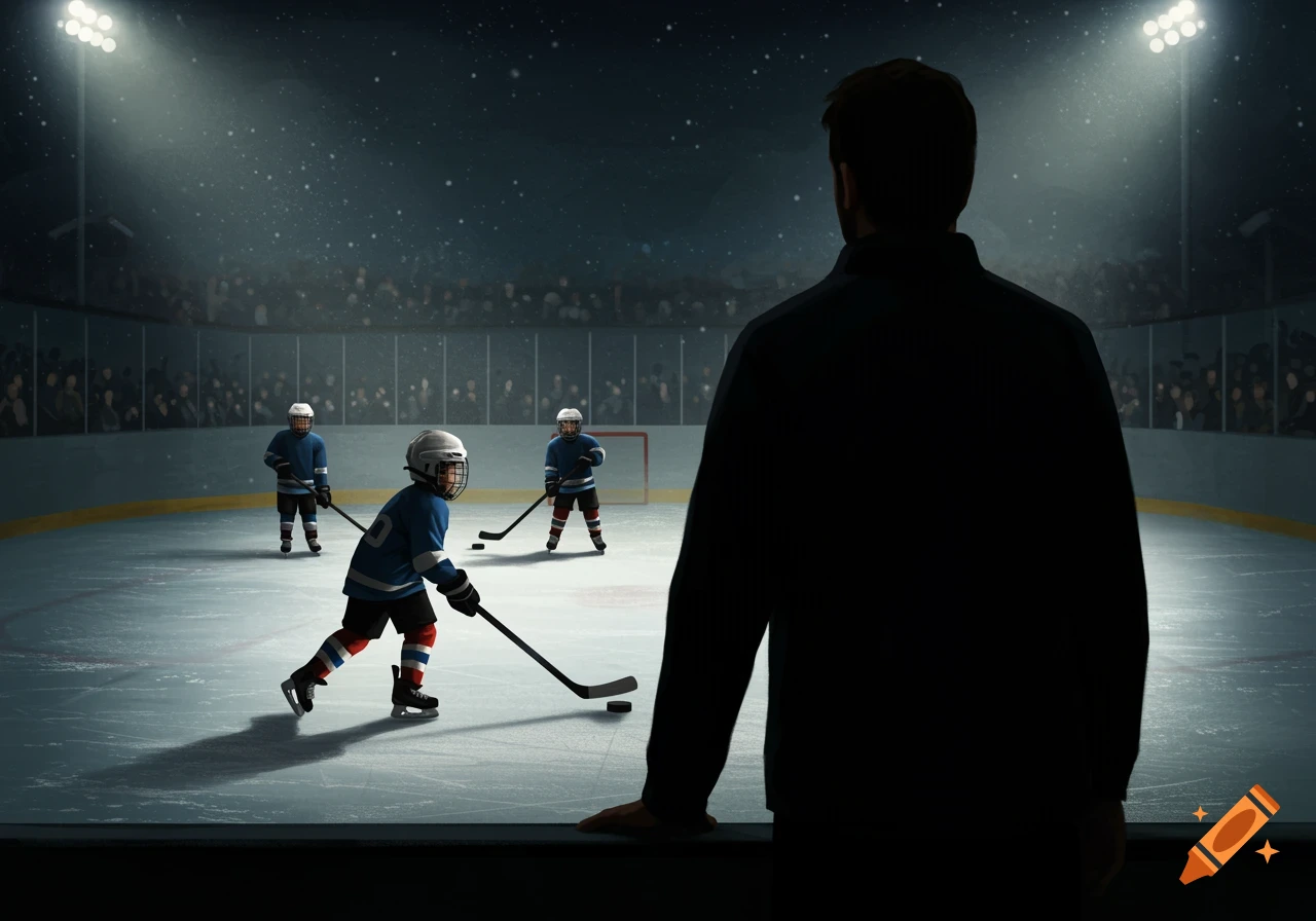 A silhouette of a person watches young ice hockey players on a rink under bright lights.