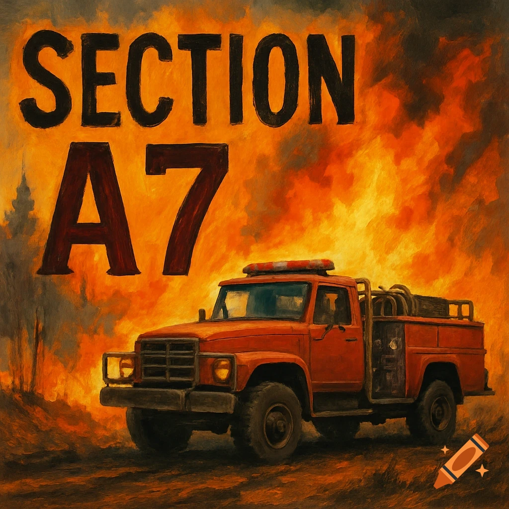 A fire truck surrounded by fire and smoke, with the text SECTION A7, in a painterly style.