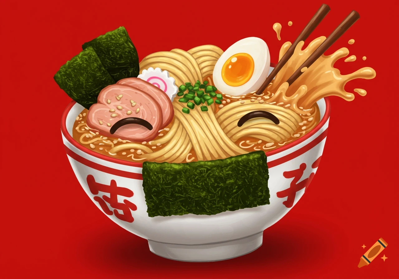 Cartoon illustration of a bowl of ramen with anthropomorphic faces on the noodles and meat.