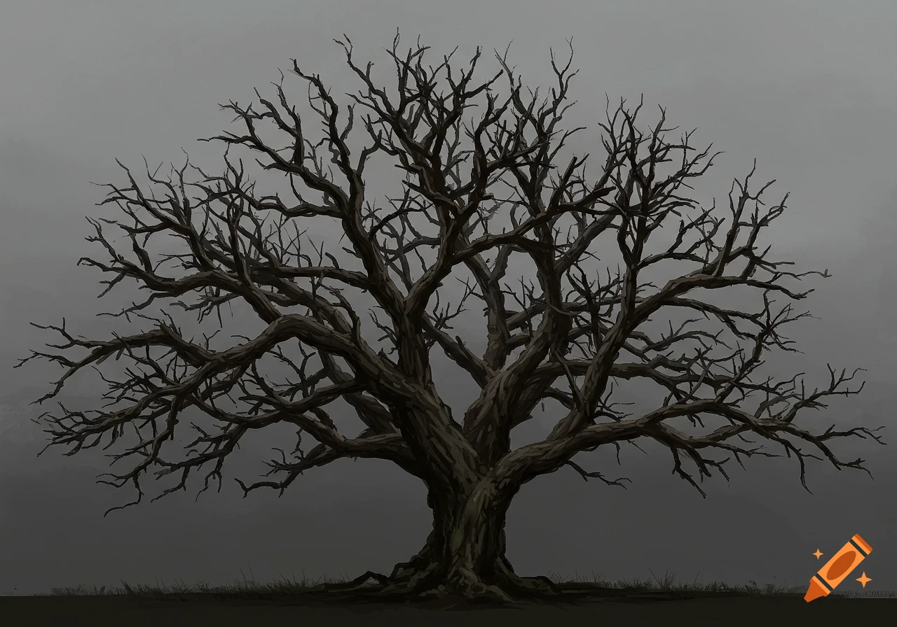 Illustration of a large, bare tree with many branches against a dark, cloudy sky.